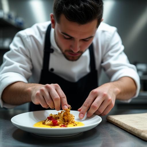 Lo chef che impiatta con cura una portata.