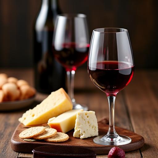 Un bicchiere di vino rosso accanto a un tagliere di formaggi.