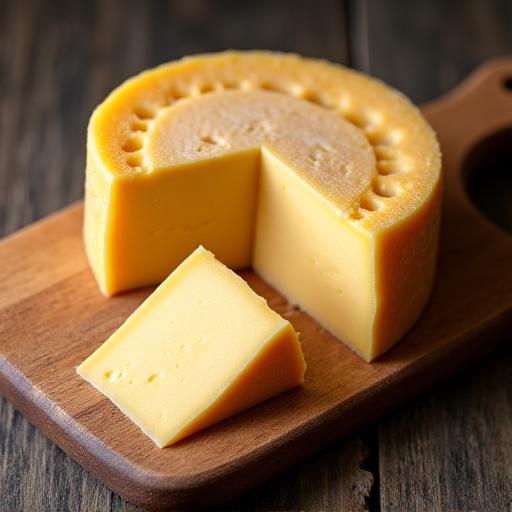 Una forma di Pecorino di Pienza stagionato su un tagliere di legno.
