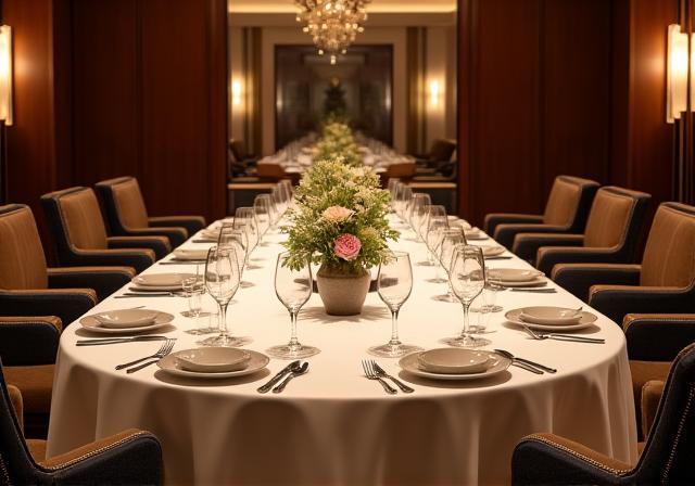 Una sala da pranzo privata elegantemente allestita per un evento.
